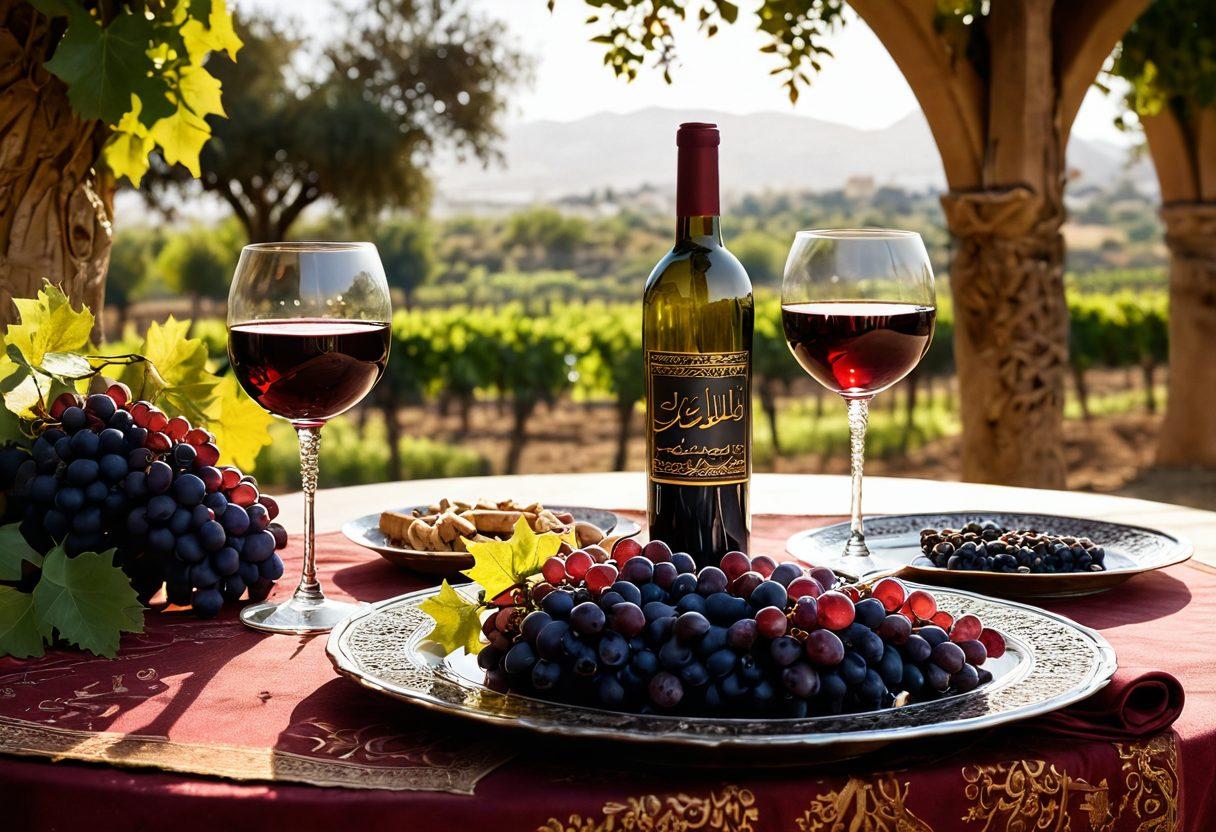 A beautifully arranged traditional Middle Eastern table setting showcasing an array of ornate wine glasses filled with rich, deep red wine, surrounded by exotic grapes and intricate Arabic calligraphy decorations. In the background, an ancient vineyard landscape with warm sunlight shining through intertwining grapevines, emphasizing the cultural significance of wine in Arab heritage. The scene should capture the essence of tradition, celebration, and craftsmanship. super-realistic. vibrant colors. warm tones.