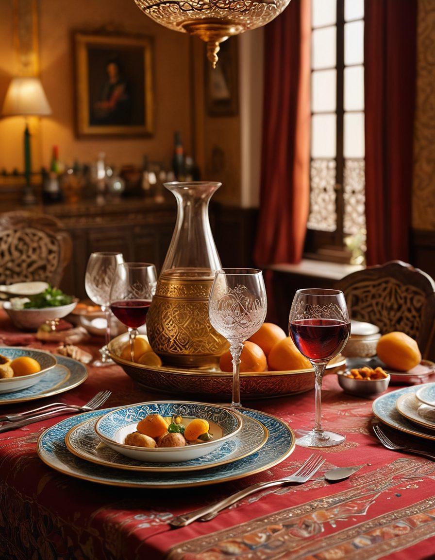 A beautifully set dining table with traditional Arabic patterns, showcasing a selection of exquisite wines paired with Middle Eastern dishes. Incorporate ornate glassware and intricate serving dishes that reflect Arabic culture, with soft natural lighting to create a warm and inviting atmosphere. Include subtle hints of historical artifacts in the background, embodying the rich blend of history and gastronomy. super-realistic. vibrant colors. elegant ambiance.