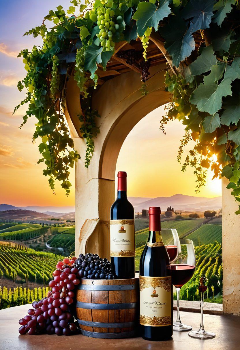 A picturesque vineyard sprawling across rolling hills, with clusters of ripe grapes hanging on the vines under a golden sunset. In the foreground, a traditional Arabic archway adorned with ornate patterns, symbolizing the fusion of wine culture and Arabic heritage. Include a rustic wooden wine barrel and a glass of red wine placed elegantly on a stone table, surrounded by lush greenery. super-realistic. vibrant colors. sunset glow.